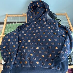 Champion Navy and Orange Logo Hoodie